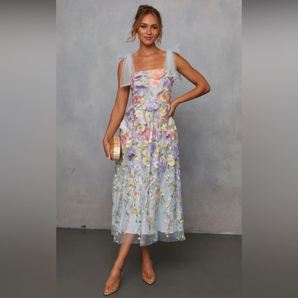 Vici Floral Embroidered Dress in Pastel Blue